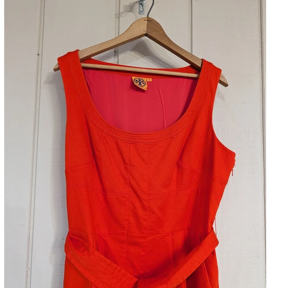 Tory Burch Orange‎ Red Cotton Belted Sheath Dress Square Neck Pockets
